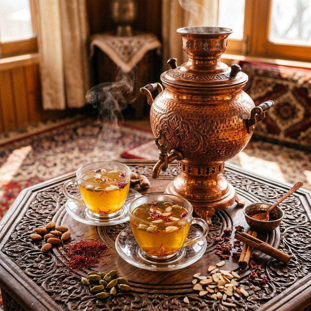 Traditional Kashmiri Kehwa tea with saffron and spices